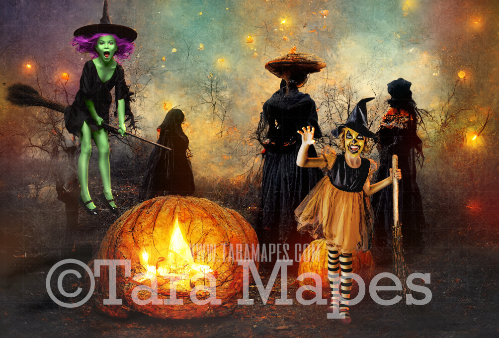 Halloween Digital Backdrop - Witch Coven Fire in Woods - JPG File - Witch Woods- Halloween Digital Background