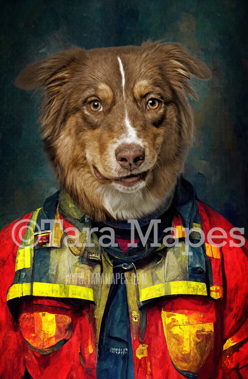 Pet Portrait Firefighter Body PSD Template- Pet Painting Portrait Firefighter - Layered PSD Digital Background Backdrop