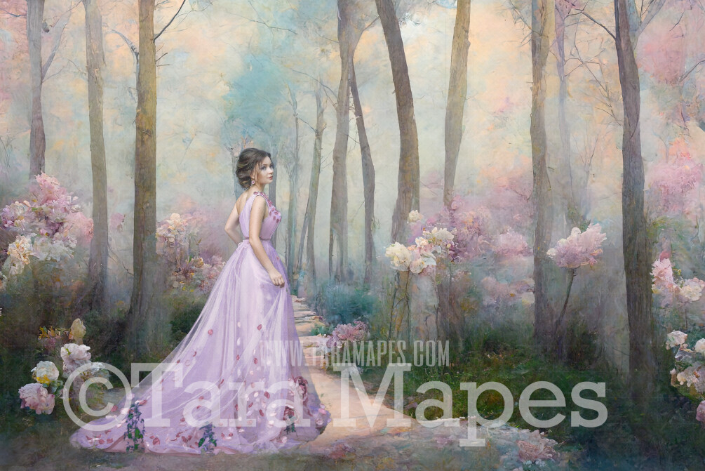 Pastel Forest Path Digital Backdrop - Ethereal Hazy Pastel Path - Soft Dreamy Nature Forest Path Digital Background