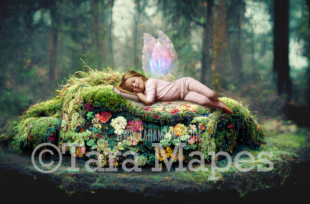 Fairy Bed in Forest Digital Backdrop - Magical Fairy Forest Bed Covered in Moss and Flowers - JPG File Digital Background