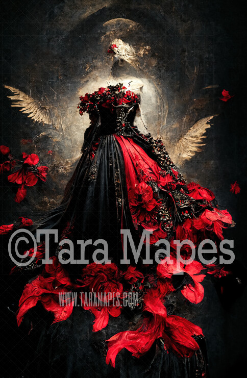 Black and Red Roses Gown Body Digital Backdrop - Red and Black Ornate Gown - JPG File Digital Background