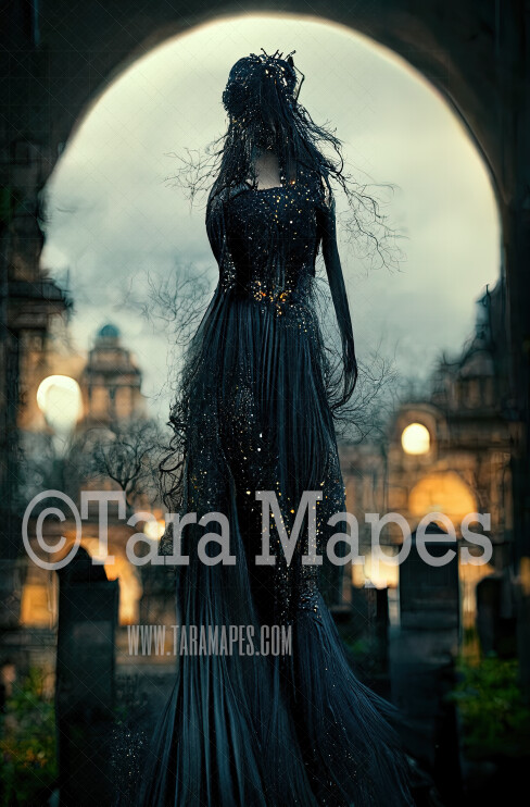 Black Ghost Gown Body Digital Backdrop - Spooky Black Gown in Graveyard - JPG File Digital Background