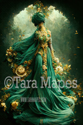 Teal and Gold Gown Digital Backdrop - Ornate Green and Gold Gown - JPG File Digital Background