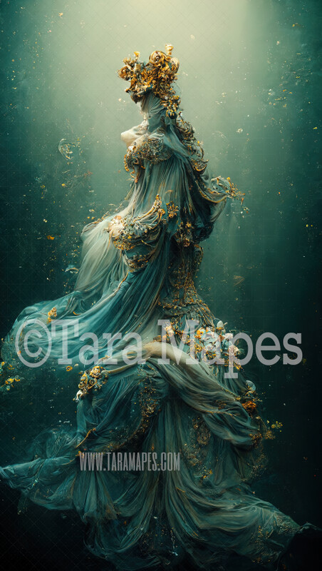 Water Goddess Gown Digital Backdrop - Ornate Aqua and Gold Gown - JPG File Digital Background