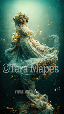 Water Goddess Gown Digital Backdrop - Ornate Aqua and Gold Gown - JPG File Digital Background