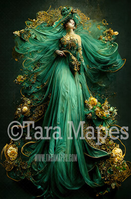 Teal and Gold Gown Digital Backdrop - Ornate Green and Gold Gown - JPG File Digital Background