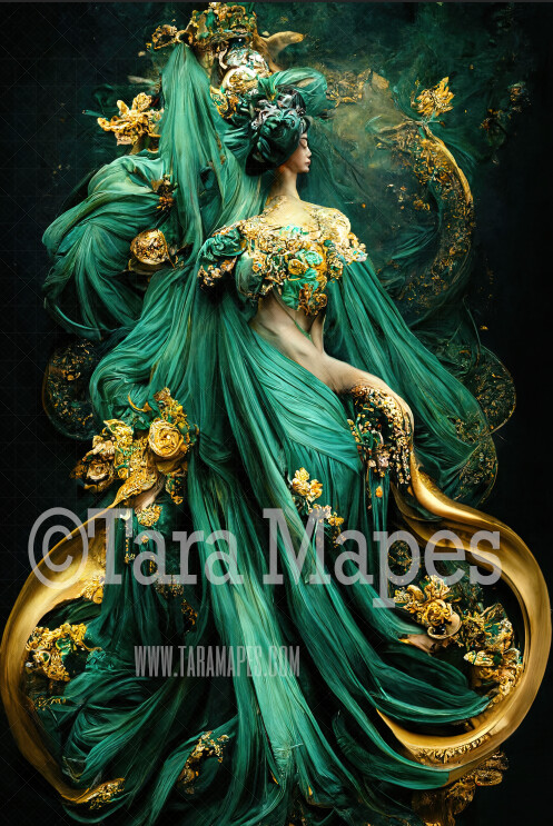 Teal and Gold Gown Digital Backdrop - Ornate Green and Gold Gown - JPG File Digital Background