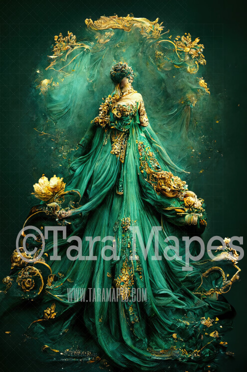 Teal and Gold Gown Digital Backdrop - Ornate Green and Gold Gown - JPG File Digital Background
