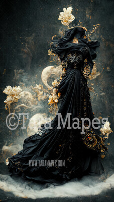 Black Gown Digital Backdrop - Ornate Black Flowing Digital Gown - JPG File Digital Background