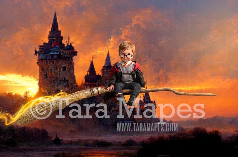 Wizard Broom with Castle in Background Digital Background -- Wizard Broom Digital Background / Backdrop