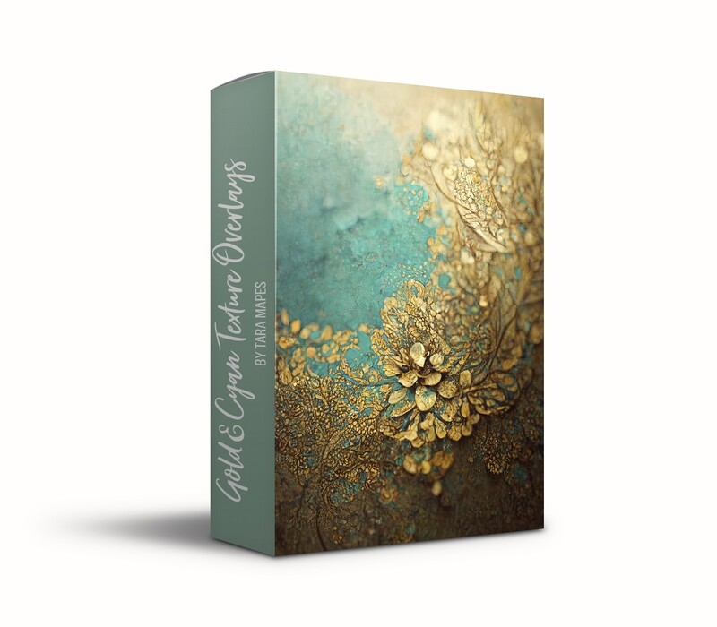Gold & Cyan Texture Overlays - Gold Foil and Cyan Style Fine Art Textures - Floral Fine Art Texture Overlays - 12 Digital Gold and Teal Textures -  Photoshop Overlays by Tara Mapes