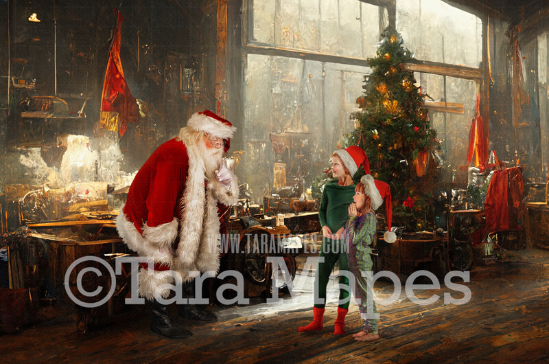 Santa Digital Backdrop - Santa in His Workshop Digital Backdrop - Christmas Workshop - Vintage Christmas Cabin of Toys- Santa in Toy Shop  - Christmas Digital Background
