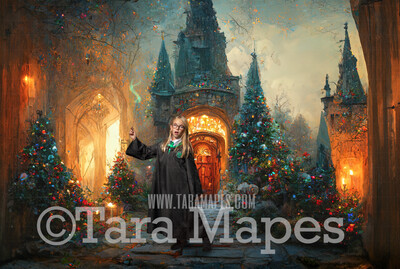 Christmas Wizard Castle Digital Backdrop - Wizard Castle at Christmas with Trees -  Christmas Digital Background