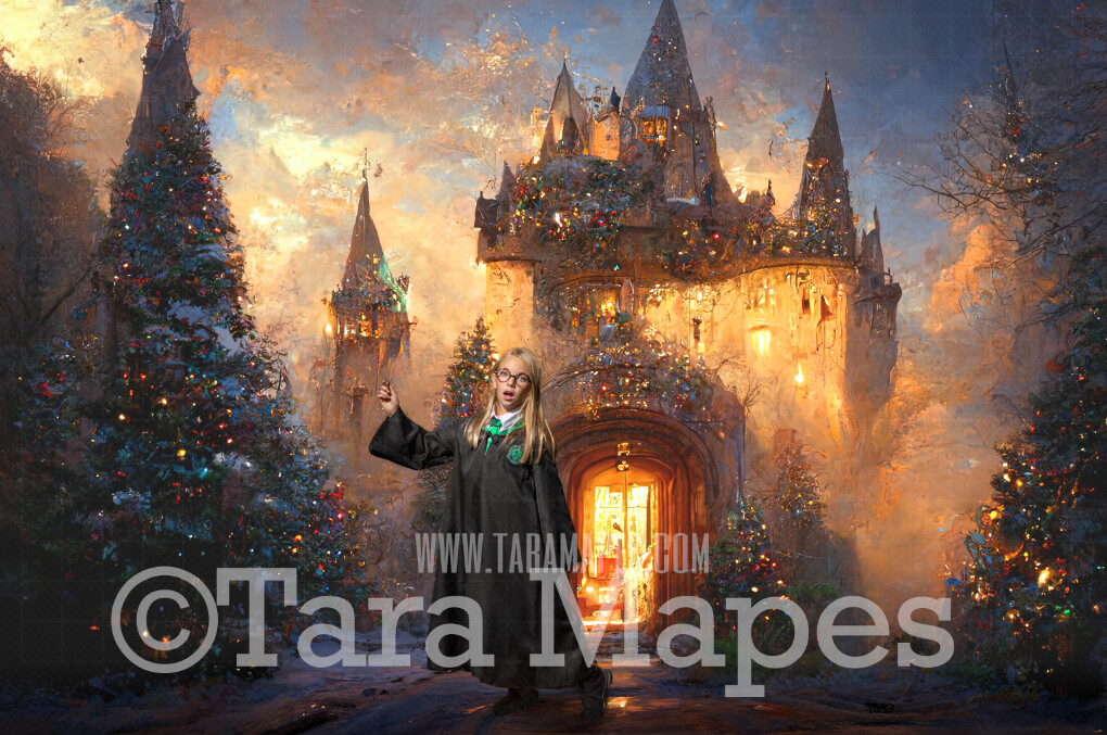 Christmas Wizard Castle Digital Backdrop - Wizard Castle at Christmas with Trees - Christmas Digital Background