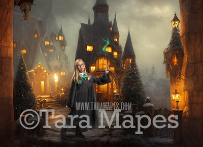 Christmas Wizard Castle Digital Backdrop - Wizard Castle at Christmas with Trees -  Christmas Digital Background