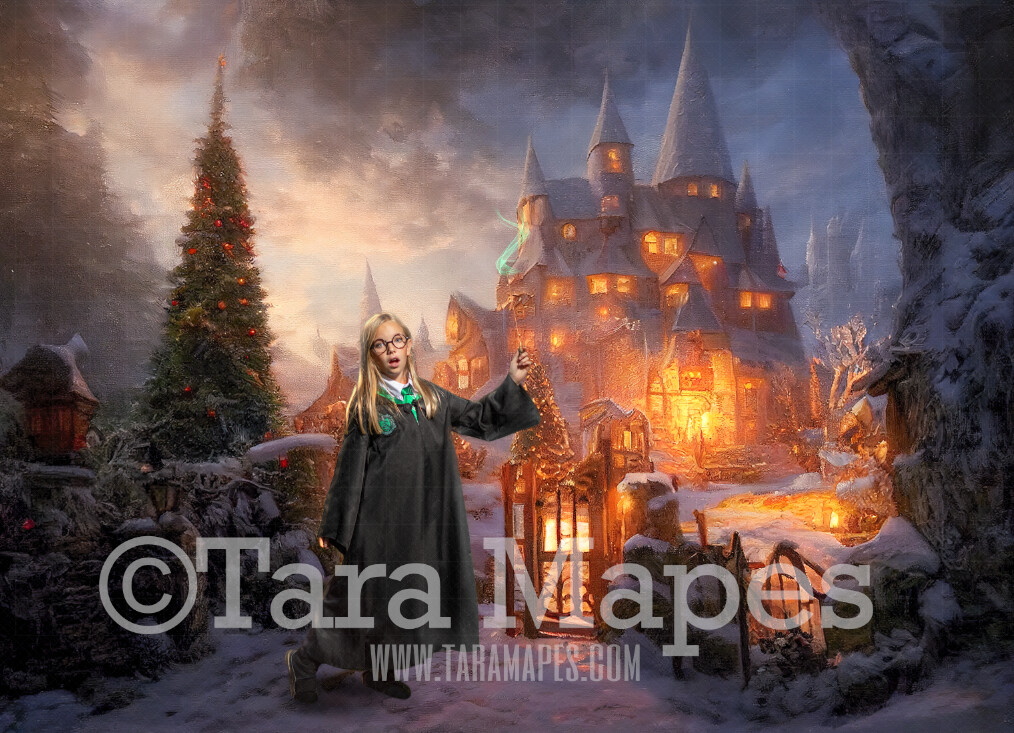 Christmas Wizard Castle Digital Backdrop - Wizard Castle at Christmas with Trees -  Christmas Digital Background