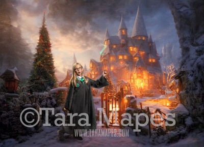 Christmas Wizard Castle Digital Backdrop - Wizard Castle at Christmas with Trees -  Christmas Digital Background