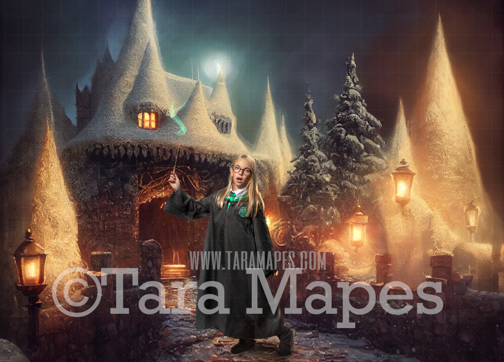 Christmas Wizard Castle Digital Backdrop - Wizard Castle at Christmas with Trees - Christmas Digital Background