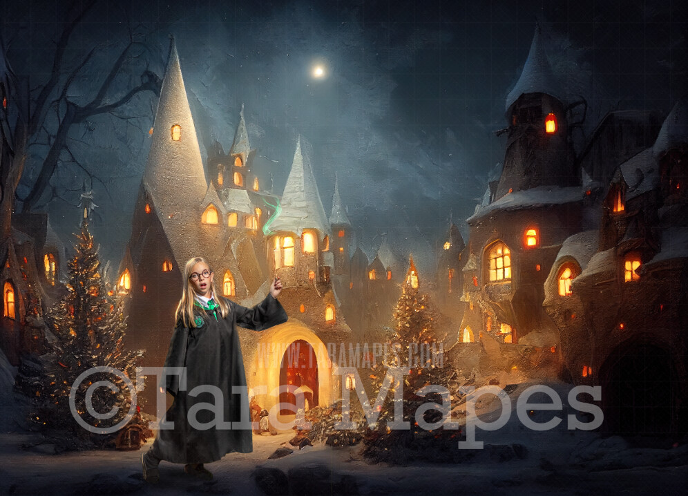 Christmas Wizard Castle Digital Backdrop - Wizard Castle at Christmas with Trees -  Christmas Digital Background