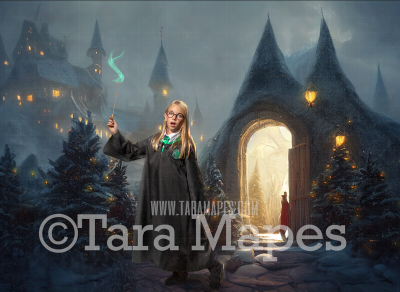 Christmas Wizard Castle Digital Backdrop - Wizard Castle at Christmas with Trees -  Christmas Digital Background