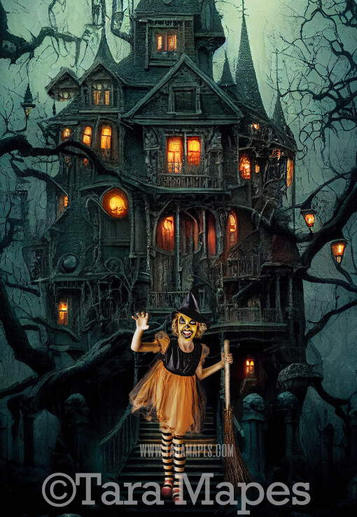Halloween Haunted House Digital Backdrop - Surreal Ghost House - Fun Haunted House - Quirky Fun Halloween House - JPG File - Witch House - Halloween Digital Background