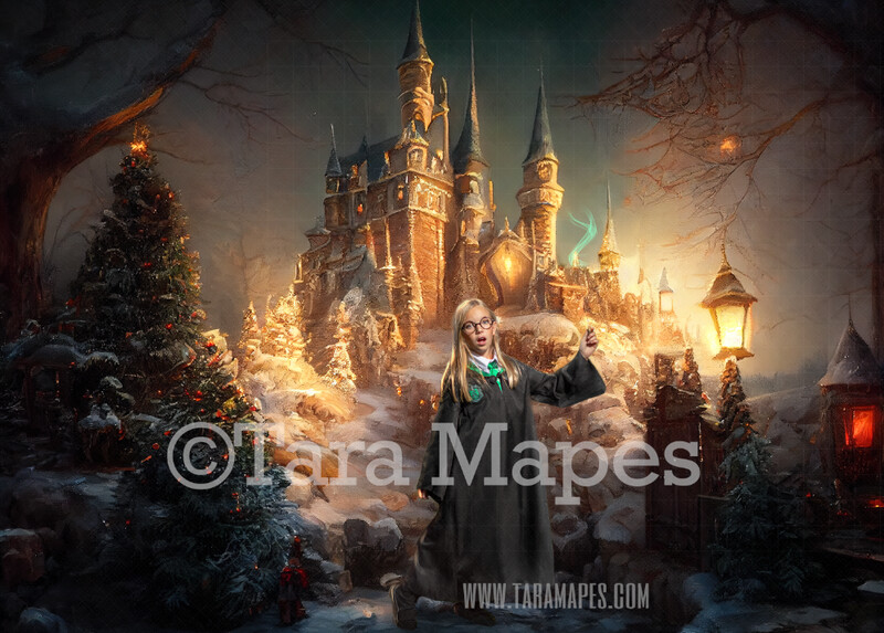 Christmas Wizard Castle Digital Backdrop - Wizard Castle at Christmas with Trees -  Christmas Digital Background