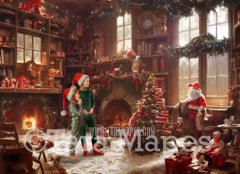 Santa's Workshop Digital Backdrop - Christmas Workshop - Vintage Christmas Cabin of Toys- Toy Shop  - Christmas Digital Background