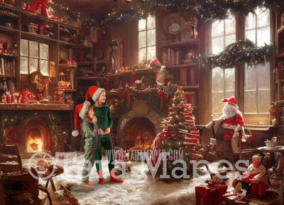 Santa&#39;s Workshop Digital Backdrop - Christmas Workshop - Vintage Christmas Cabin of Toys- Toy Shop  - Christmas Digital Background