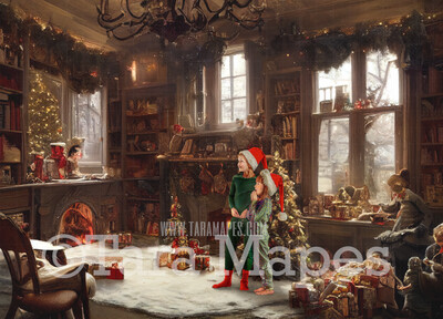 Santa&#39;s Workshop Digital Backdrop - Christmas Workshop - Vintage Christmas Cabin of Toys- Toy Shop  - Christmas Digital Background