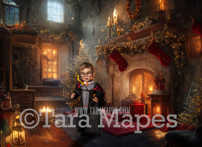 Christmas Castle Digital Backdrop - Interior of a Wizard Castle at Christmas with Fireplace -  Christmas Digital Background