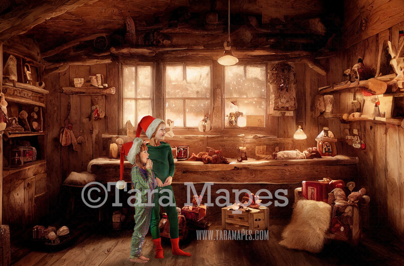 Santa's Workshop Digital Backdrop - Christmas Workshop - Vintage Christmas Cabin of Toys- Toy Shop  - Christmas Digital Background