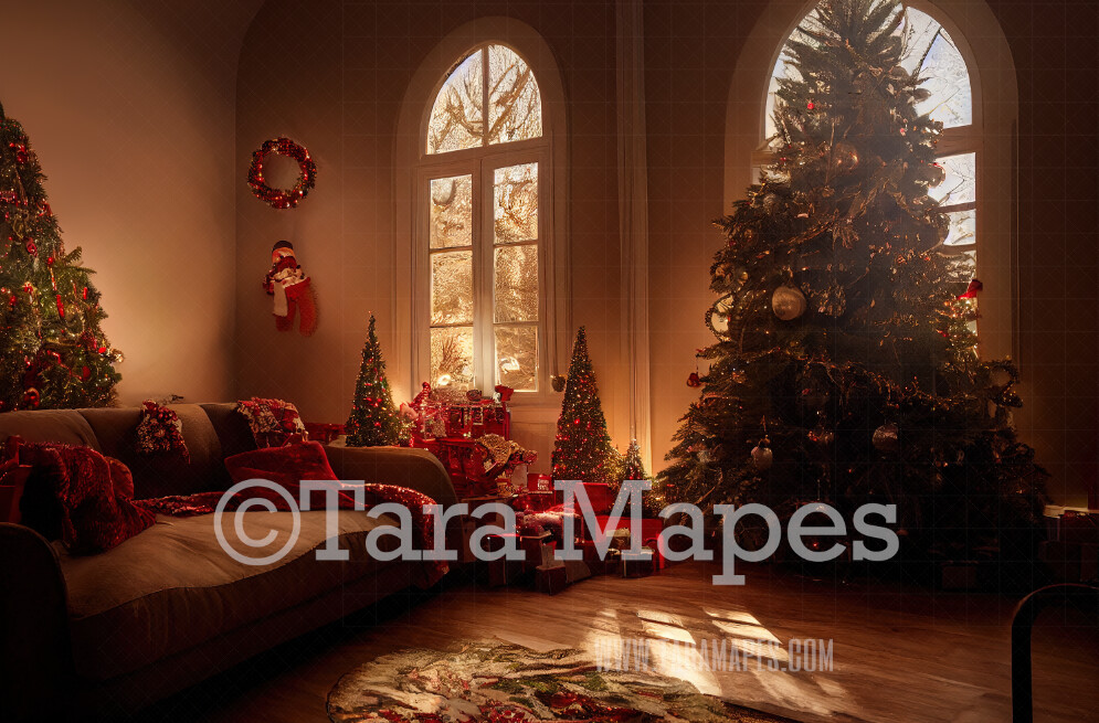 Christmas Digital Backdrop - Couch in Livingroom with Christmas Tree - Soft Dreamy Whimsical Holiday Scene  - Christmas Digital Background