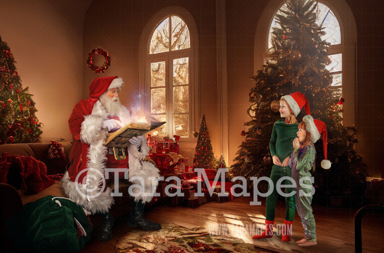 Santa Digital Backdrop - Santa Reading Book on Couch in Livingroom with Christmas Tree - Soft Dreamy Whimsical Santa Scene  - Christmas Digital Background