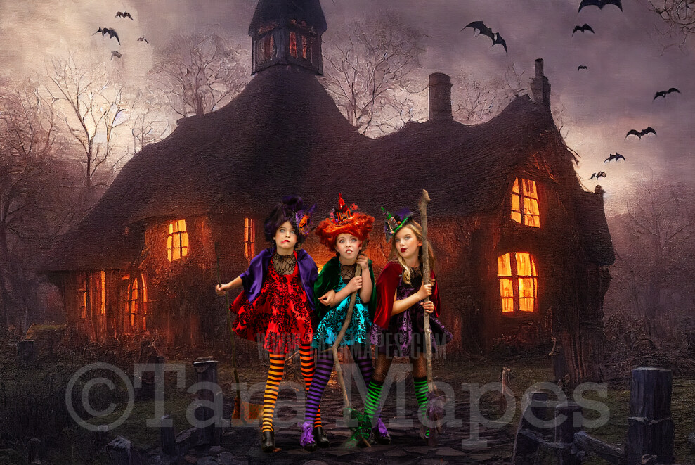 Witch Cottage Digital Backdrop - Halloween Cottage - Fun Haunted Cabin - Quirky Fun Halloween House - JPG File - Witch House - Halloween Digital Background