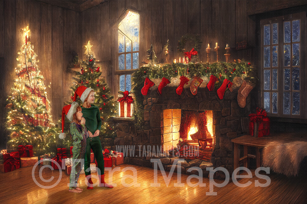 Christmas Fireplace Digital Backdrop - Cozy Livingroom with Christmas Tree - Soft Dreamy Whimsical Holiday Scene - Christmas Fireplace Digital Background