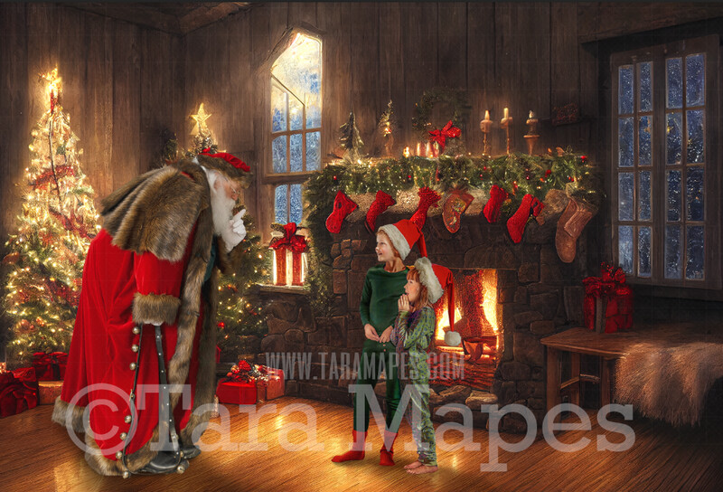 Santa Digital Backdrop - Santa in Nostalgic Scene with Fireplace and Christmas Tree - Soft Dreamy Whimsical Santa Scene  - Christmas Digital Background