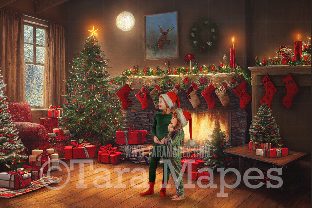 Christmas Fireplace Digital Backdrop - Cozy Livingroom with Christmas Tree - Soft Dreamy Whimsical Holiday Scene - Christmas Fireplace Digital Background