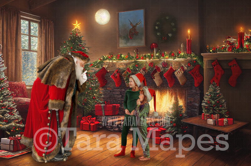 Santa Digital Backdrop - Santa in Nostalgic Scene with Fireplace and Christmas Tree - Soft Dreamy Whimsical Santa Scene  - Christmas Digital Background