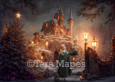 Christmas Wizard Castle Digital Backdrop - Wizard Castle at Christmas with Trees -  Christmas Digital Background