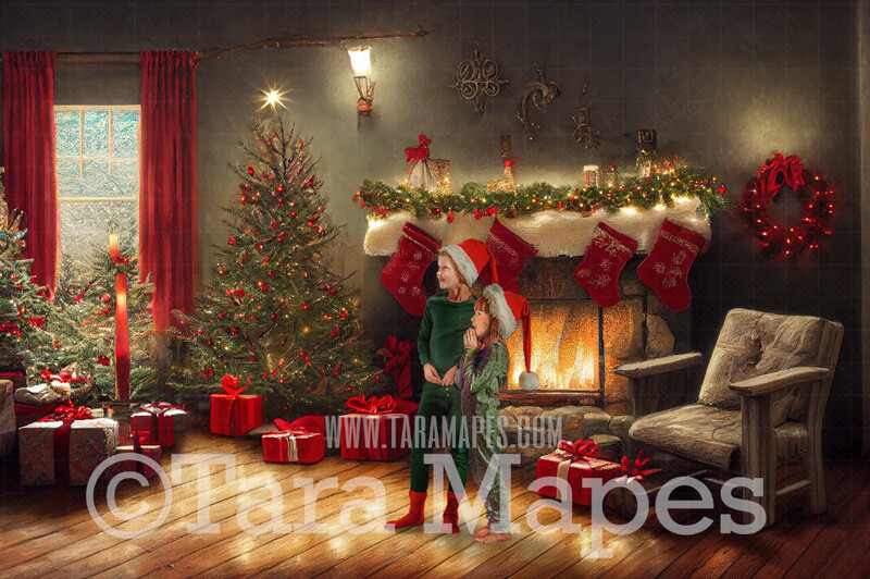 Christmas Fireplace Digital Backdrop - Cozy Livingroom with Christmas Tree - Soft Dreamy Whimsical Holiday Scene  - Christmas Fireplace Digital Background