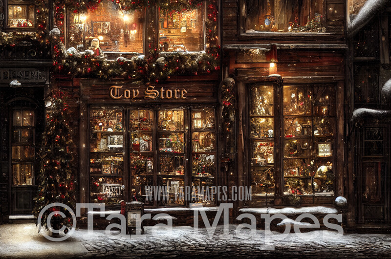 Christmas Shop Digital Backdrop - Vintage Toy Shop - Christmas Street Storefront - Vintage Christmas Street of Toy Shops  - Christmas Town Shops Digital Background - FREE SNOW OVERLAY included