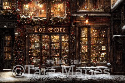 Christmas Shop Digital Backdrop - Vintage Toy Shop - Christmas Street Storefront - Vintage Christmas Street of Toy Shops  - Christmas Town Shops Digital Background - FREE SNOW OVERLAY included