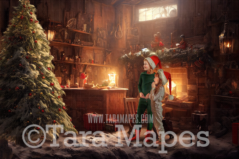 Christmas Workshop - Cozy Fireplace Digital Backdrop - Santa&#39;s Workshop with Christmas Tree - Soft Dreamy Whimsical Holiday Scene  - Christmas Fireplace Digital Background