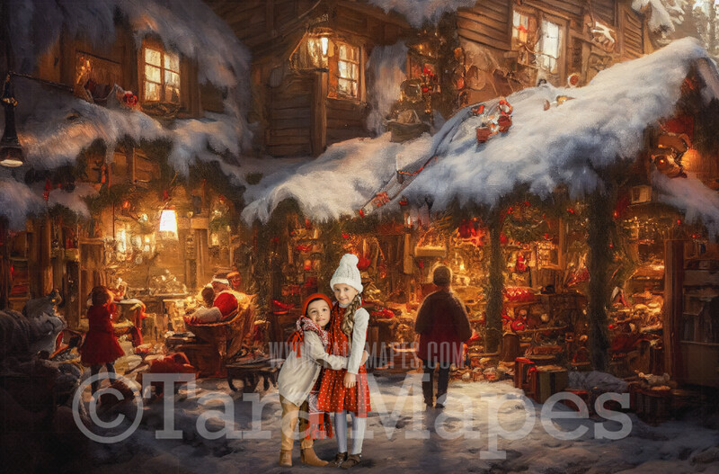 Christmas Street Digital Backdrop - Christmas Street Storefront - Vintage Christmas Street of Toy Shops  - Christmas Town Shops Digital Background - FREE SNOW OVERLAY included