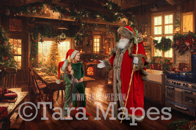 Santa Digital Backdrop - Rustic Christmas Kitchen Digital Backdrop - Vintage Nostalgic Santa Digital Background  - Christmas Digital Background