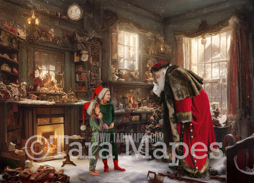 Santa Digital Backdrop - Santa in Nostalgic Scene with Fireplace and Christmas Tree - Soft Dreamy Whimsical Santa Scene - Christmas Digital Background