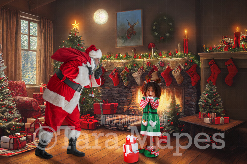 Black Santa Digital Backdrop - Santa in Nostalgic Scene with Fireplace and Christmas Tree - Soft Dreamy Whimsical Santa Scene - Christmas Digital Background