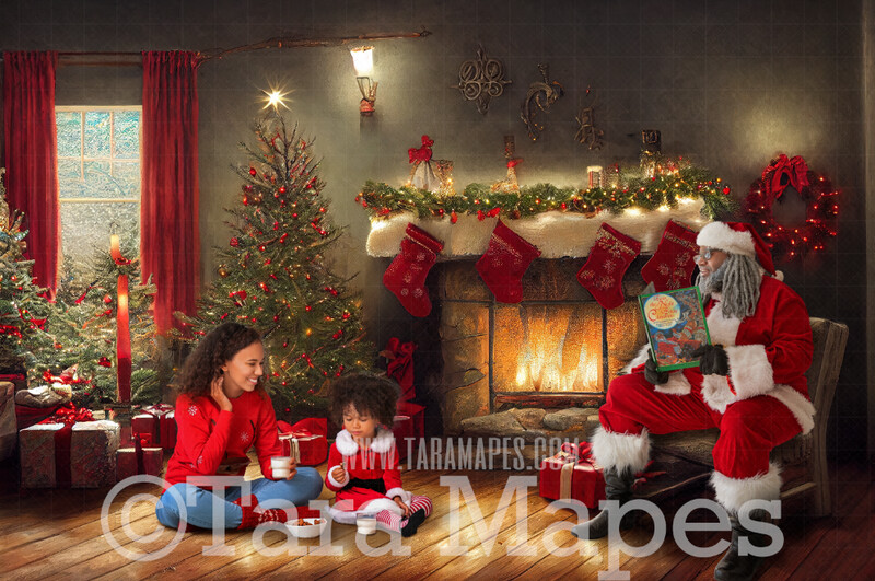 Black Santa Digital Backdrop - Santa in Nostalgic Scene with Fireplace and Christmas Tree - Soft Dreamy Whimsical Santa Scene  - Christmas Digital Background