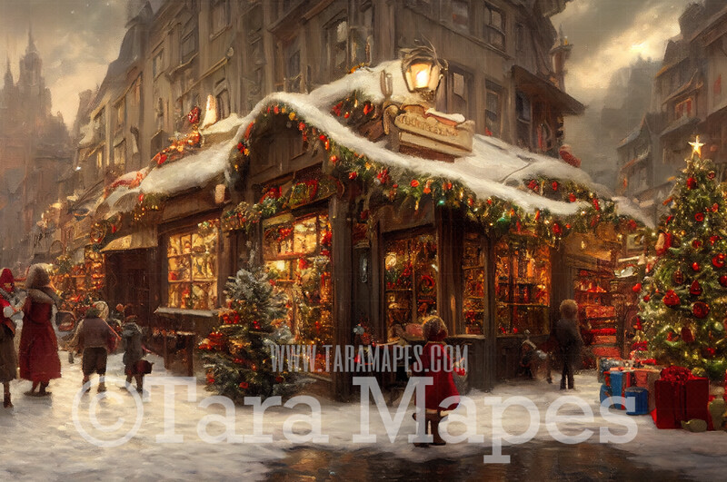 Christmas Shop Digital Backdrop - Vintage Toy Shop - Christmas Street Storefront - Vintage Christmas Street of Toy Shops  - Christmas Town Shops Digital Background - FREE SNOW OVERLAY included