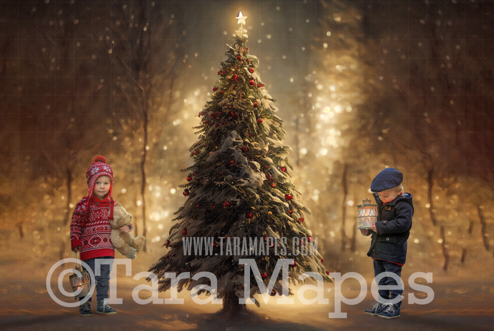 Christmas Tree Digital Backdrop - Vintage Christmas Tree - Painterly Christmas Tree at Night - Soft Nostalgic - Christmas Tree Digital Background - FREE SNOW OVERLAY included